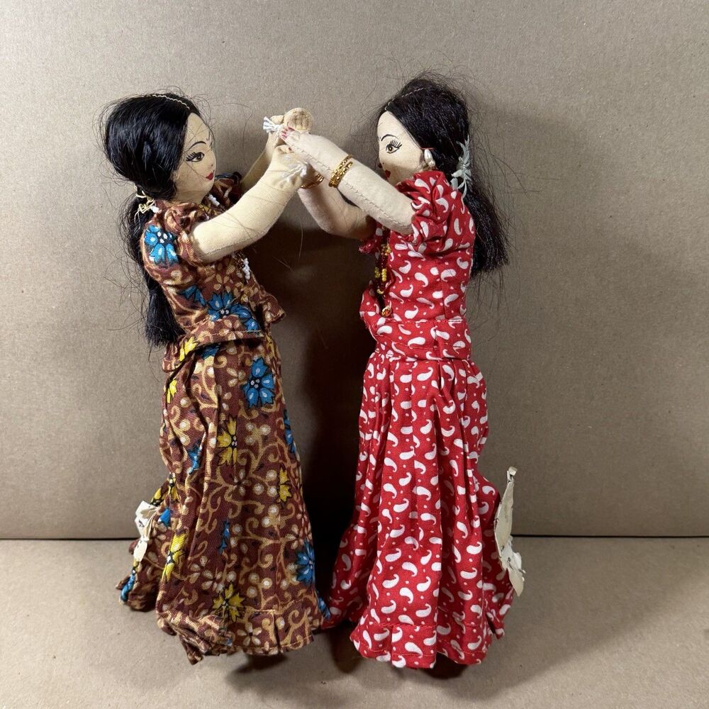 Vintage Cloth Hand Painted Face Dolls Girls Playing Purgerdi Whirling Game 9"